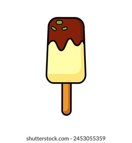 Icono de color simple helado. Sundae de chocolate. Paleta en palo. Dulce postre refrescante de verano. Golosinas congeladas. Logotipo para menús, cafés, tiendas, ventas. Doodle, Ilustración vectorial 