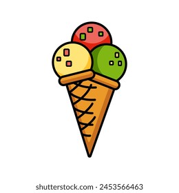 Icono de color simple helado. Helado colorido en cono de gofre. Dulce postre refrescante de verano. Golosinas congeladas. Logotipo para menús, cafés, tiendas, ventas. Doodle, Ilustración vectorial