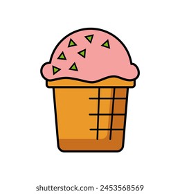 Icono de color simple helado. Helado rosa. Helado de fresa en taza de gofre. Dulce postre refrescante de verano. Golosinas congeladas. Logotipo para menús, cafés, tiendas, ventas. Doodle, Ilustración vectorial