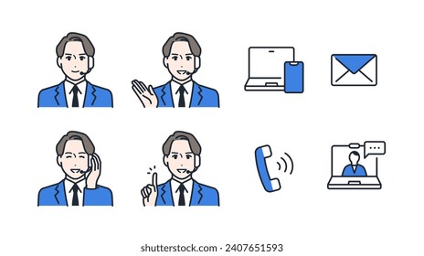 A simple color icon illustration set material for men in the call center operator