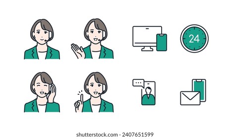 A simple color icon illustration set material for women in the call center operator