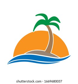 Simple color icon. An island with a palm tree in the sea against the background of sunset or sunrise. Simple flat design for websites and apps