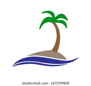 Simple color icon. An island with a palm tree in the sea. Simple flat design for websites and apps
