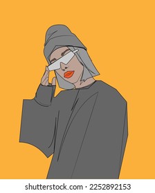 Simple color illustration, person vector art. Woman - female portrait. Model girl with sunglasses. Beauty face young lady. Minimal graphic design character for poster background, fashion model