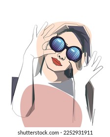 Ilustración de color simple, arte vector de persona. Retrato de mujer. Chica modelo con gafas de sol. La belleza se enfrenta a la joven. Carácter de diseño gráfico mínimo para fondo de afiche, modelo de moda