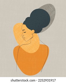 Ilustración de color simple, arte vector de persona. Retrato de mujer. Chica modelo con pelo negro. La belleza se enfrenta a la joven. Carácter de diseño gráfico mínimo para fondo de afiche, modelo de moda