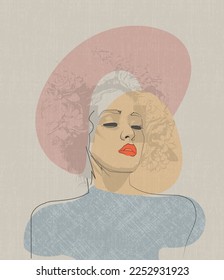 Ilustración de color simple, arte vector de persona. Retrato de mujer. Chica modelo con labio rojo. La belleza se enfrenta a la joven. Carácter de diseño gráfico mínimo para fondo de afiche, modelo de moda