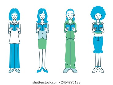 Simple color illustration of a woman reading a book with various hairstyles and outfits.