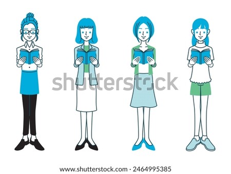 Simple color illustration of a woman reading a book with various hairstyles and outfits.