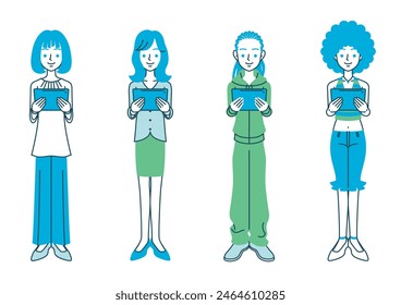 Simple color illustration of a woman with various hairstyles and outfits looking at a tablet device.
