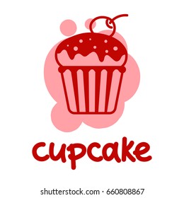 Simple color label with line cupcake. Vector illustration isolated on a white background.
