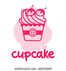 Simple color lable with line cupcake. Vector illustration isolated on a white background.