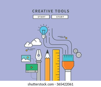 simple color line flat design of creative tools, modern vector illustration