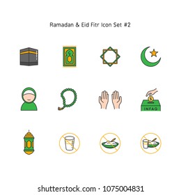 simple color line ramadan kareem and eid al fitr icon set. Islam tradition, muslim holiday illustration