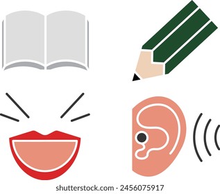 Simple color lineless icons representing the four basic skills necessary for language acquisition