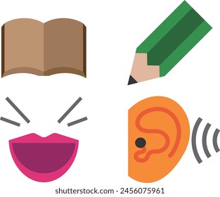 Simple color lineless icons representing the four basic skills necessary for language acquisition