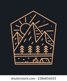 Einfaches farbiges Monoline-Design-Camp auf der Gebirgsnatur, Vektorgrafik für Abzeichen, Aufkleber, T-Shirt-Design und Outdoor-Design