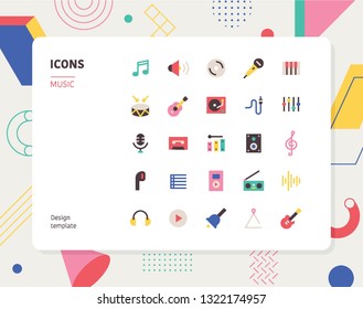 Simple color music icon set. Pattern background layout flat design style minimal vector illustration