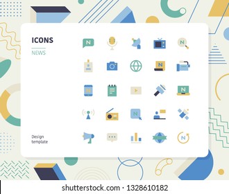 Simple Color News Icon Set. Pattern Background Layout Flat Design Style Minimal Vector Illustration