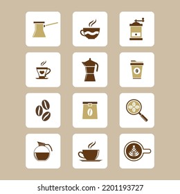Simple color set of coffee related vector. Contains such icons as cezve, coffee maker machine, beans and more. Vector eps 10.