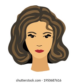 Simple color vector drawing in flat style. Beautiful cute 
the face of a young woman with dark hair, bright red lips, black eyes. For prints, cosmetic labels, postcards, avatar.