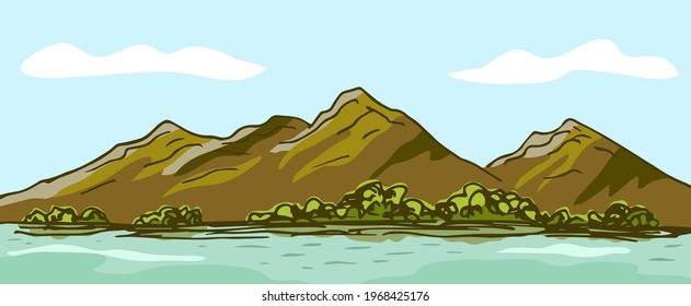Simple color vector drawing in flat style. Mountains on the horizon, green bushes, clear lake, clouds in the blue sky. Summer panoramic landscape, nature. For prints of postcards, posters, tourism.