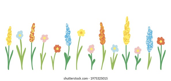 Simple color vector drawing. Floral set, festive spring-summer season. Design of cards, invitations, birthday. Pink, blue, yellow wildflowers, inflorescences on the stem. Creation of patterns, labels.