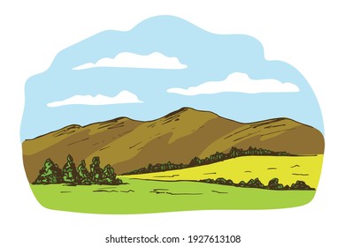 Simple color vector drawing. Mountain landscape, trees, bushes, clouds, blue sky, wildlife. Panoramic view. For printing, postcards, tourism and travel.