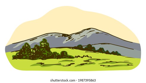 Simple color vector drawing. Mountain landscape, trees, bushes, morning sky, green grass, wildlife. Panoramic view. For printing, postcards, tourism and travel.