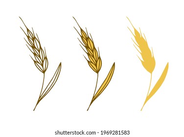 Simple color vector drawing, set. Golden ear of wheat, cereal products. Farm harvest, flour products, baked goods, home bakery. For label prints, packaging.