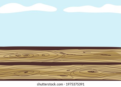 Simple color vector illustration. Blue sky, clouds. Wood surface, boards. Rustic style. For templates, backgrounds. Place for your text.