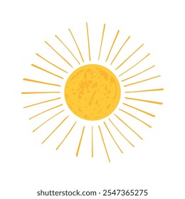 Simple color vector illustration. Bright yellow orange sun isolated on white background.