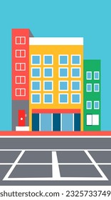 una simple ilustración de un vector de color que representa edificios en una calle de la ciudad para la decoración y otras ilustraciones