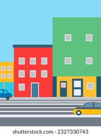 
simple color vector illustration depicting a city street with traffic, for prints on banners, signs and stage decoration