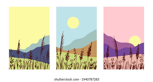 Simple color vector illustration in flat style. Set of poster, morning, sunny day, pink evening. Mountain landscape, sky, meadow grass, wildflower. Template, abstract background, spring-summer season.