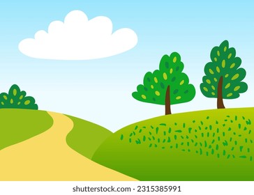 Ilustración simple del vector de color en un estilo plano. Cielo azul, prados verdes, hierba, arbustos y árboles, camino de campo. Naturaleza y paisaje, verano.