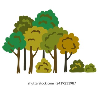 Simple color vector illustration in flat style. A group of trees, bushes, deciduous forest, grove. Nature and vegetation.