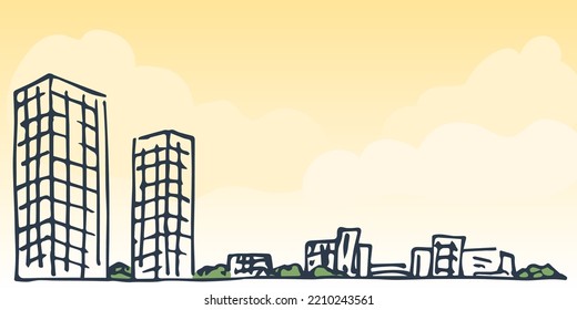 Simple color vector illustration. Panoramic cityscape, skyscrapers, orange sunset, clouds, buildings on the horizon. Ink sketch.