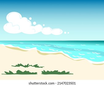 Simple color vector illustration. For postcard design, vacation and travel, tourism. Seashore, sandy beach, grass, white clouds. Paradise island in the ocean, turquoise water.