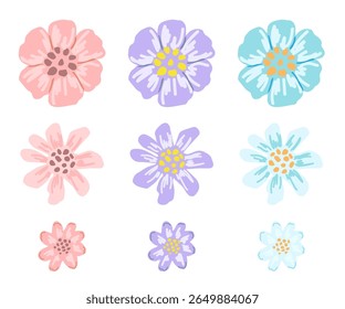 Simple color vector illustration. Set of pink, blue, purple flowers of different shapes and sizes. For creating patterns, design.