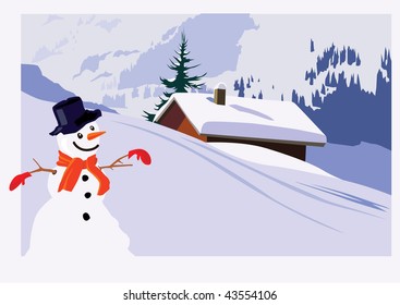 The simple color vector illustration of a snowman against the background of a winter landscape of mountains and the lonely house.