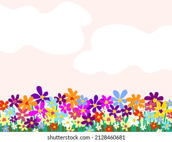 Simple color vector illustration. Summer landscape, meadow flowers, pink sky and white clouds.