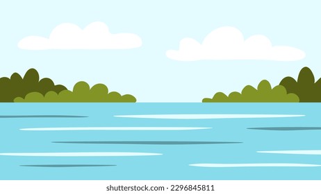 Simple color vector illustration. Summer nature, lake, blue sky, clouds. Trees and bushes on the horizon. Landscape template, background.