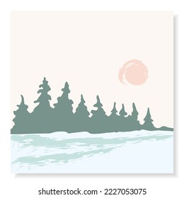 Simple color vector illustration  Winter landscape  snow  coniferous trees the horizon  Frosty morning  Forest 