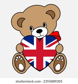 A Simple Color Vector Image Of A Funny Teddy Bear With A Heart Made From The Flag Of UK