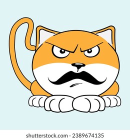 Simple Color Vector Image Of A Funny Angry Cat With A Beautiful Mustache