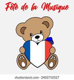 A Simple Color Vector Image Of A Funny Teddy Bear With A Heart Made From The Flag Of France Fête de la Musique (Music Festival) Lettering