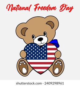 Simple Color Vector Image Of A Funny Teddy Bear With A USA Flag Heart And National Freedom Day Lettering