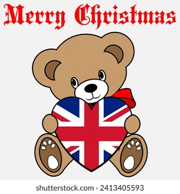 A Simple Color Vector Image Of A Funny Teddy Bear With A Heart Made From The Flag Of UK And Merry Christmas Lettering