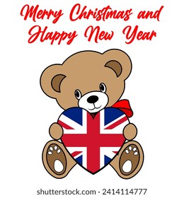 A Simple Color Vector Image Of A Funny Teddy Bear With A Heart Made From The Flag Of UK And Merry Christmas and Happy New Year Lettering